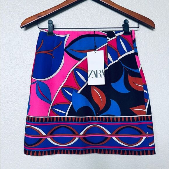 Zara Abstract Geometric Print Hot Pink Blue Skirt XS - Picture 1 of 3